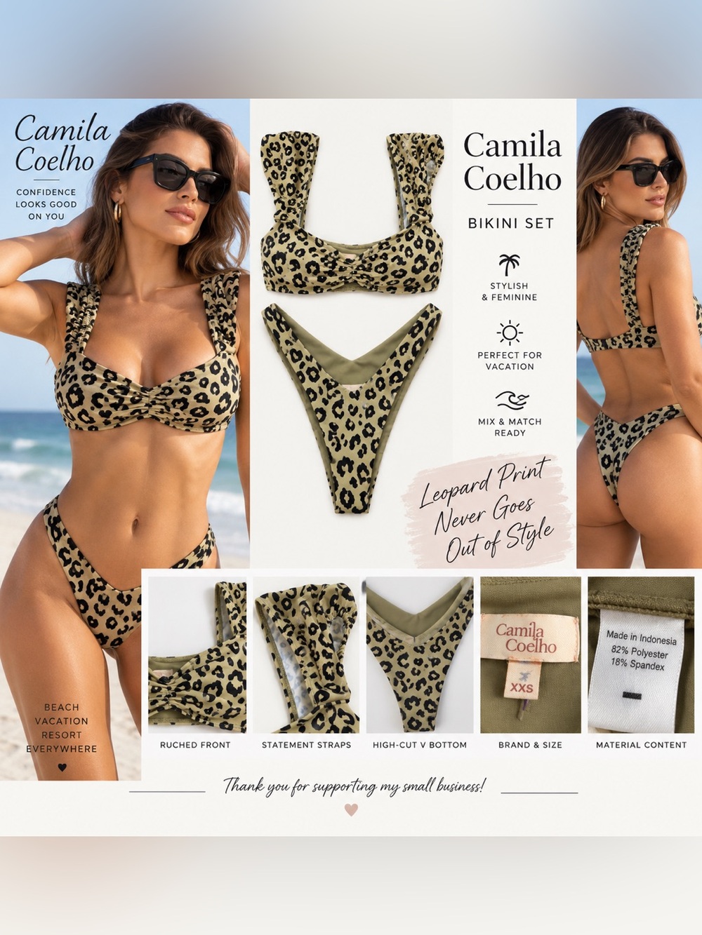 Camila Coelho Leopard Print Bikini Set XXS Ruched High Cut V Bottom Swimsuit
